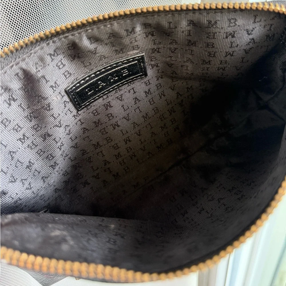 L.A.M.B. Navy Tartan Plaid Print Top Zip Logo Cosmetic Bag Clutch, GENTLY USED‎